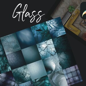 Pode incluir: Uma ilustração digital de 16 texturas de vidro diferentes em azul e cinza. As texturas incluem vidro rachado, quebrado e liso. A imagem é rotulada como "Glass" e inclui as hashtags #procreate, #interior, #cutouts, #blocks, #sketch e #elements.