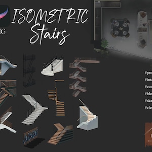 May include: A collection of isometric stairs in various styles and configurations. The stairs are rendered in a 3D style and are perfect for use in architectural or interior design projects. The image includes the text "ISOMETRIC Stairs" and the hashtag "#procreate".