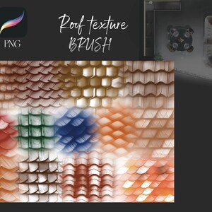 Könnte beinhalten: Eine digitale Sammlung von Dachtextur-Pinseln für Procreate, die verschiedene Ziegelmuster in Braun-, Rot-, Grün- und Blautönen zeigt. Das Bild enthält den Text Roof texture BRUSH, PNG, und einen kleinen Grundriss in der oberen rechten Ecke.