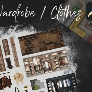May include: A digital illustration of a wardrobe with various clothing items, including shirts, trousers, and shoes. The illustration is in a collage style with different sections showing different views of the wardrobe and its contents. The text "Wardrobe / Clothes" is at the top of the image.