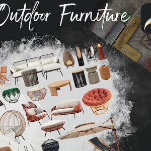 以下が含まれることがあります： 「Outdoor Furniture」の文字が書かれた、屋外用家具のコレクションの画像。ソファ、椅子、テーブルなど、さまざまな種類の家具が写っています。背景は暗く、焚き火台やパラソルも含まれています。