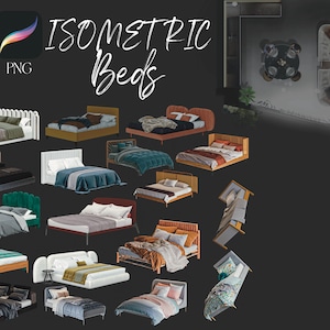 Op de afbeelding: Een verzameling van 18 isometrische bedden in verschillende stijlen en kleuren, waaronder een turquoise bed met een wit hoofdeinde, een bruin bed met een wit hoofdeinde en een wit bed met een bruin hoofdeinde. De bedden zijn allemaal in een 3D-isometrische weergave. #procreate #interior #cutouts #blocks #sketch #elements