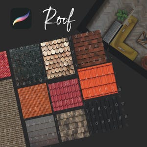 May include: A collection of nine different roof tile textures, including red, brown, and gray tiles. The textures are arranged in a grid pattern and are labeled "Roof".