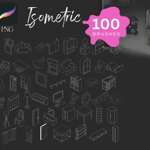 Peut inclure: Un ensemble de 100 pinceaux isométriques pour Procreate, comprenant des éléments de design d'intérieur tels que des meubles, des portes et des fenêtres. Les pinceaux sont blancs sur un fond noir. #procreate #intérieur #découpes #blocs #croquis #éléments