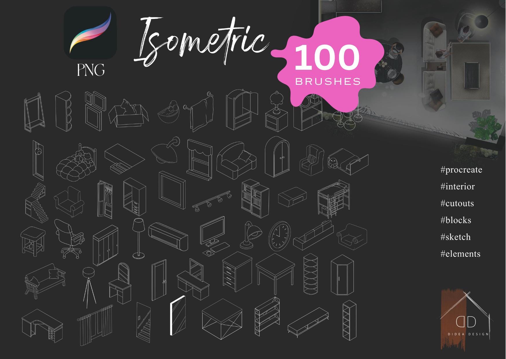 Procreate Isometric Furniture Brush Set – 100+ Interior Design Stamps for Sketching