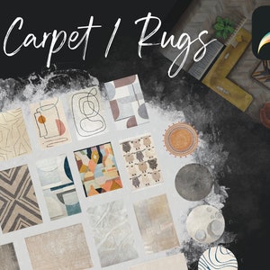 May include: A collection of 16 different carpet and rug designs in various colors and patterns, including geometric, abstract, and floral motifs. The designs are displayed on a white background with a textured gray overlay. The image also includes the text "Carpet | Rugs" and hashtags related to interior design.