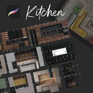 Puede incluir: Un collage de diferentes diseños de cocinas, con varios estilos de gabinetes, encimeras y electrodomésticos. La imagen está etiquetada como "Cocina" e incluye el hashtag #procreate.