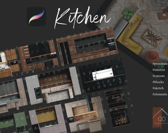 Puede incluir: Un collage de diferentes diseños de cocinas, con varios estilos de gabinetes, encimeras y electrodomésticos. La imagen está etiquetada como "Cocina" e incluye el hashtag #procreate.