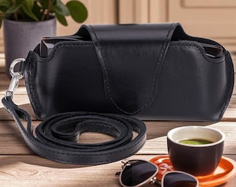 Personalized Leather Glasses Case with Strap, Minimalist Eyeglass Sleeve