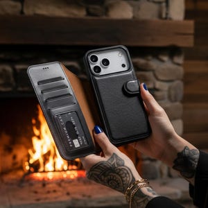 May include: Black leather phone case with a cardholder. The case is open, revealing a brown interior and a credit card. The phone case is held up against a stone fireplace.