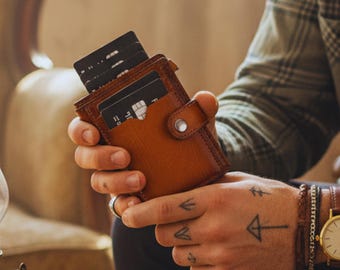 Minimalist Leather RFID Wallet, Pop-Up Card Holder, Coin Purse