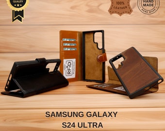 Samsung Galaxy S24 ULTRA Couro Genuíno com Porta-Cartão Carteira Magnética Capa Destacável para Celular com Proteção RFID Compatível com Magsafe