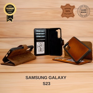 Funda tipo billetera para Samsung Galaxy S23: piel auténtica, interior de gamuza nobuck, tarjetero, compatible con carga inalámbrica, diseño desmontable