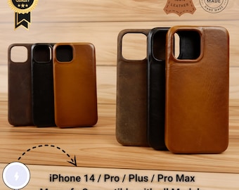 iPhone 14 / Pro / Plus / Pro Max / Genuine Leather Phone Case with Magsafe Compatible, Premium Quality Leather Phone Case for iPhone