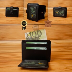 Tarjetero de cuero de primera calidad: capacidad para 5-8 tarjetas, ventanas de fácil acceso, diseño compacto y duradero, perfecto para uso diario (negro rústico)