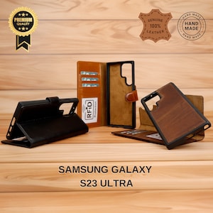 Leren Samsung S23 Ultra-hoes met kaarthouder, RFID-blok, standaard, magnetische sluiting, schokbestendige portemonneecover, handgemaakt ontwerp
