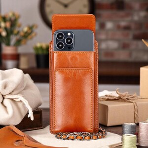 Cartera de cuero con funda para teléfono, tarjetero cruzado 2 en 1, monedero con seguridad RFID y correa de cadena, interior de gamuza de lujo