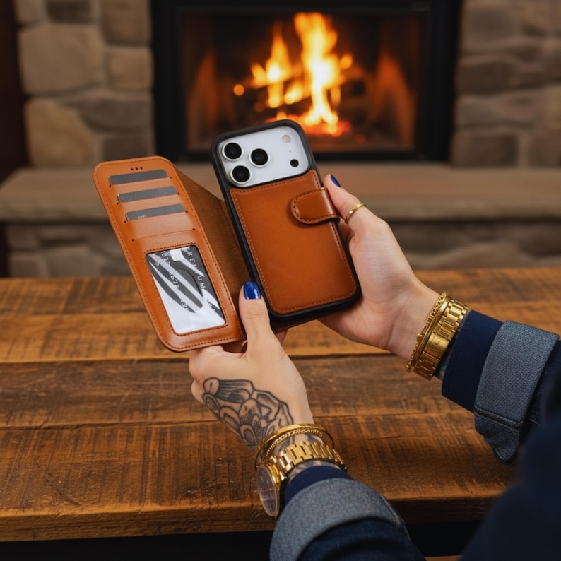 May include: A brown leather phone case with a wallet design, featuring card slots and a snap closure. The phone case is held open, revealing the phone and the wallet section. The background includes a fireplace and a wooden table.