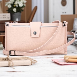 Cartera de piel rosa para mujer, bandolera, funda para teléfono de 6,5", 12 ranuras para tarjetas, compartimento con cremallera, correa desmontable, regalo para mujer