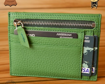 Cartera de Cuero 100% Genuino - Tarjetero Hecho a Mano con Cremallera, 8 Ranuras para Tarjetas, Diseño Único, Seguro y Elegante, Regalo para GF (Verde)