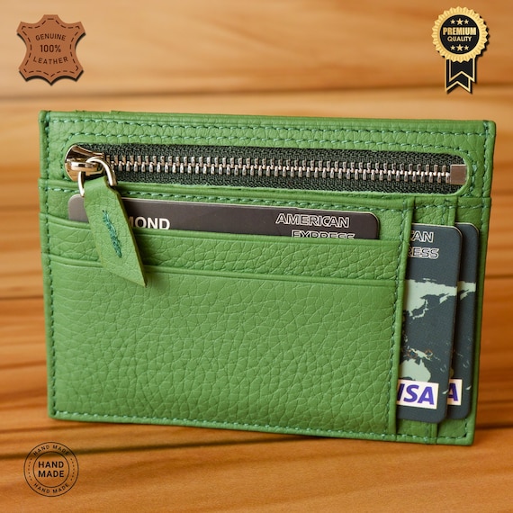 Handcrafted Genuine Leather Card Holder – Green Wallet with Zipper