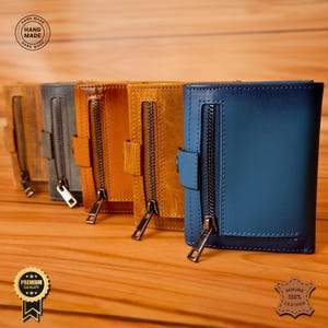 Cartera de cuero genuino hecha a mano: compartimento para monedas con cremallera, 4 ranuras para tarjetas, sección para efectivo, costuras decorativas, calidad superior