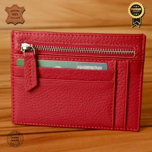 Cartera de Cuero 100% Genuino - Tarjetero Hecho a Mano con Cremallera, 8 Ranuras para Tarjetas, Diseño Único, Seguro y Elegante, Regalo para GF (Rojo)