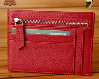 Ultra Slim Leather Card Holder with Zipper Coin Pocket |  Genuine Leather Credit Card Case for Men & Women (Red)