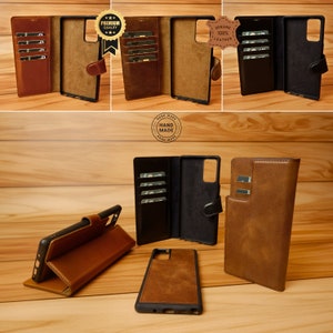 Funda tipo billetera de cuero genuino para Note 20 y Note 20 Ultra con bloqueo RFID, cierre magnético, 3 ranuras para tarjetas, desmontable, absorción de impactos