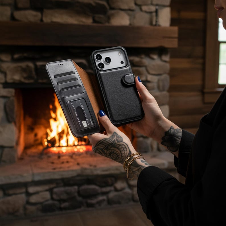 May include: Black leather phone case with a cardholder. The case is open, revealing a brown interior and a credit card. The phone case is held up against a stone fireplace.