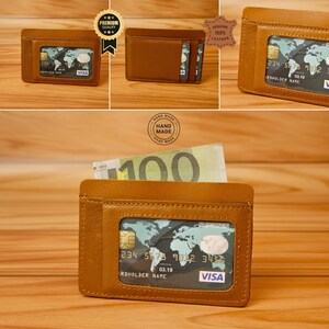 Cartera de cuero delgada - 6 ranuras para tarjetas, ventana de identificación, compartimento para dinero - Compacta, elegante y funcional - Perfecta para el uso diario (bronceado rústico)