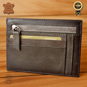 Cartera de Cuero 100% Genuino - Tarjetero Hecho a Mano con Cremallera, 8 Ranuras para Tarjetas, Diseño Único, Seguro y Elegante, Regalo para GF (Gris)