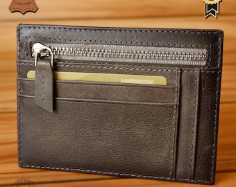 100% Genuine Leather Wallet - Handcrafted Card Holder with Zipper, 8 Card Slots, Unique Design, Secure and Stylish, Gift for GF (Grey)