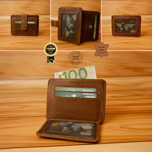 Tarjetero de cuero de primera calidad: capacidad para 5-8 tarjetas, ventanas de fácil acceso, diseño compacto y duradero, perfecto para uso diario (marrón antic)