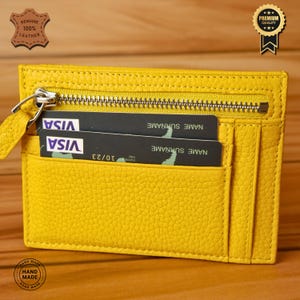Cartera de Cuero 100% Genuino - Tarjetero Hecho a Mano con Cremallera, 8 Ranuras para Tarjetas, Diseño Único, Seguro y Elegante, Regalo para GF (Amarillo)