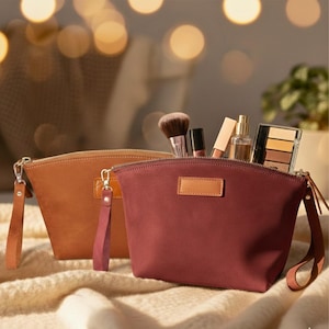 Genuine Leather Makeup Bag, Toiletry Bag, Dopp Kit for Women – Travel Cosmetic Bag, Gift for Her