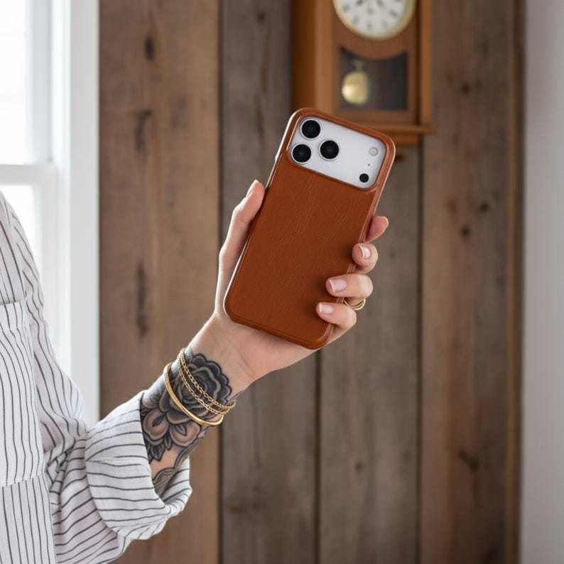 May include: A brown leather phone case with a white camera module. The case is held in a hand with gold bracelets and a floral tattoo. The background features a wooden wall and a vintage clock.