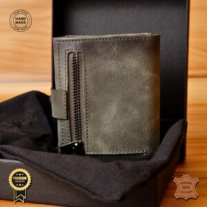 Cartera de cuero genuino hecha a mano, compartimento para monedas con cremallera, 4 ranuras para tarjetas, sección para efectivo, costuras decorativas, diseños especiales para Halloween
