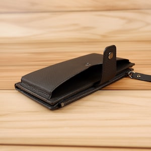 Cartera de Piel con Soporte para Móvil, Cartera Multifuncional Auténtica Unisex con 12 Ranuras para Tarjetas y Organizador Universal con Cremallera Personalizada