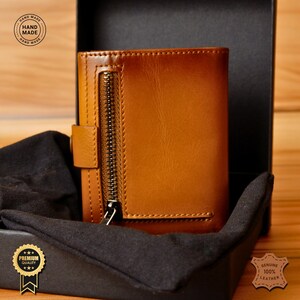 Cartera de cuero genuino hecha a mano, compartimento para monedas con cremallera, 4 ranuras para tarjetas, sección para efectivo, costuras decorativas, diseños especiales para Halloween