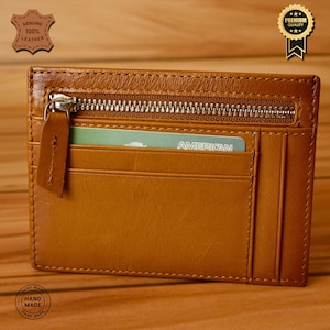 Carteira de couro 100% genuíno – porta-cartões feito à mão com zíper, 8 compartimentos para cartões, design exclusivo, seguro e elegante, presente para GF (bronzeado rústico)