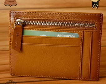 Handcrafted Leather Card Holder Wallet – Rustic Tan, Zippered