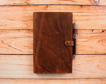 Handmade A5 Leather Notebook Cover, Snap Strap, Card Slot