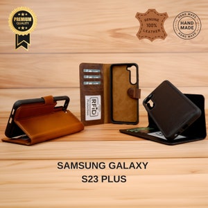 Funda tipo billetera de cuero para Samsung Galaxy S23 Plus: diseño premium, interior de gamuza nobuck, ranuras para tarjetas, carga inalámbrica, cubierta extraíble
