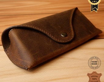 Handmade Leather Glasses Case, Snap Closure, Brown