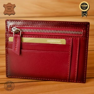 Cartera de Cuero 100% Genuino - Tarjetero Hecho a Mano con Cremallera, 8 Ranuras para Tarjetas, Diseño Único, Seguro y Elegante, Regalo para GF (Rojo Rústico)