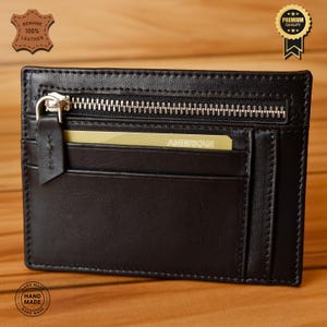 Cartera de Cuero 100% Genuino - Tarjetero Hecho a Mano con Cremallera, 8 Ranuras para Tarjetas, Diseño Único, Seguro y Elegante, Regalo para GF (Negro)