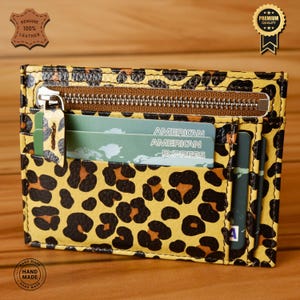 Echtleder Geldbörse - Handgefertigter Kartenhalter mit Reißverschluss, 8 Kartenfächern, einzigartigem Design, sicher und stilvoll, Valentinstag, (Leopard)