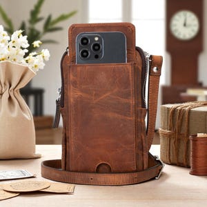 Bolso bandolera de piel para mujer y hombre con correa ajustable, bolsillo para teléfono, ranuras para tarjetas, cremalleras y cierre magnético, funda para teléfono y cartera para hombre.