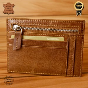 Cartera de Cuero 100% Genuino - Tarjetero Hecho a Mano con Cremallera, 8 Ranuras para Tarjetas, Diseño Único, Seguro y Elegante, Regalo para GF (Bronceado)